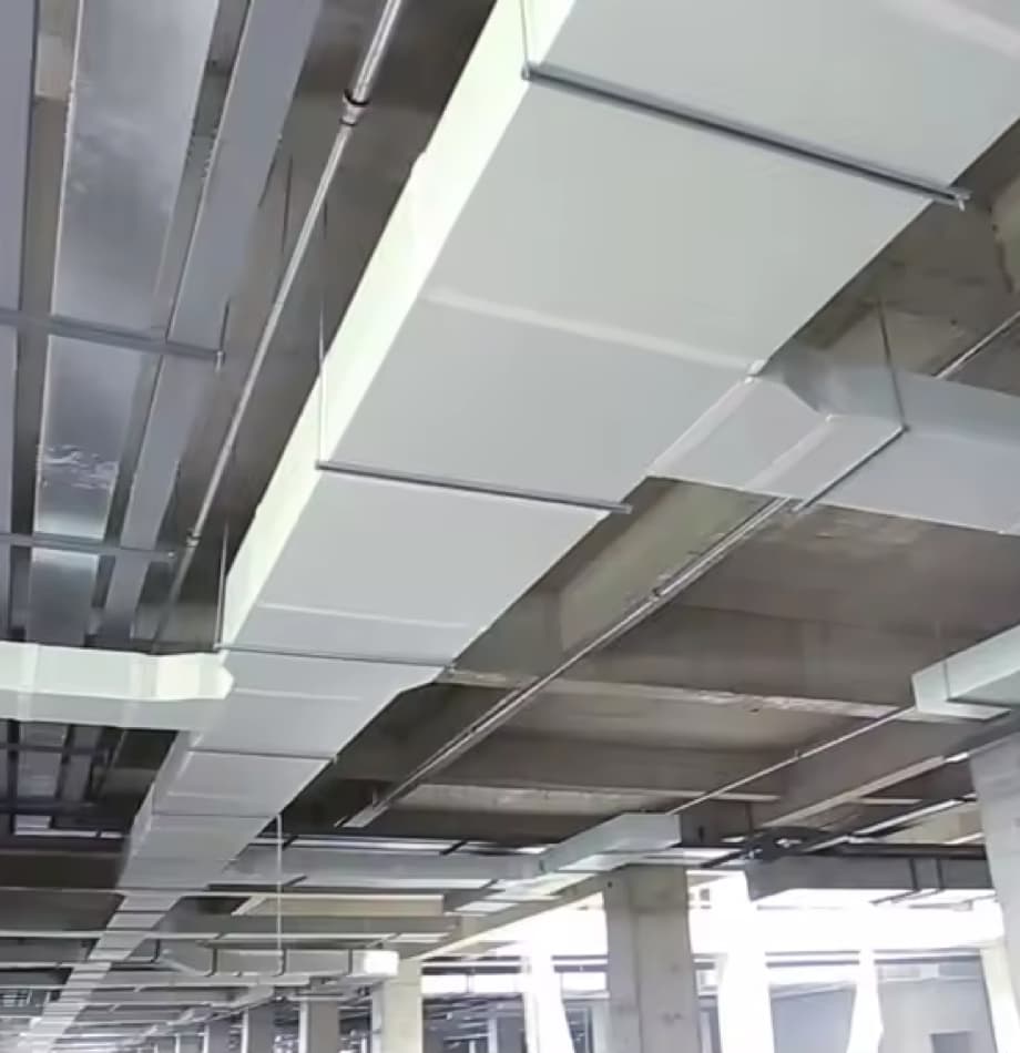 Class A1 MgO duct panel assembled with flanges, connectors, sealants, reinforcement and supports Class A1 MgO Board for HVAC Duct used as duct panel or lining component in fabricated HVAC duct systems